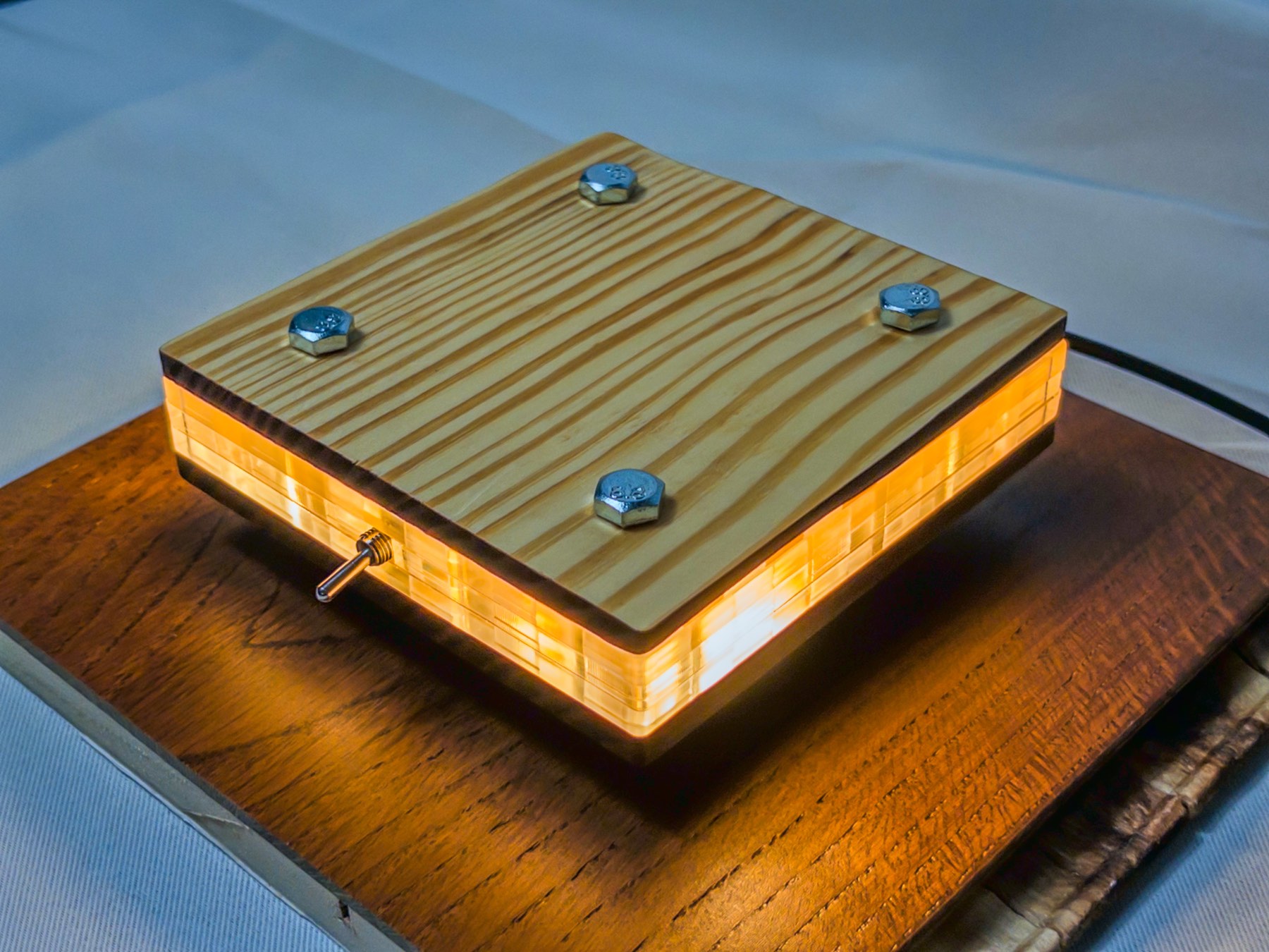 The wooden (larch) lamp, lit from within